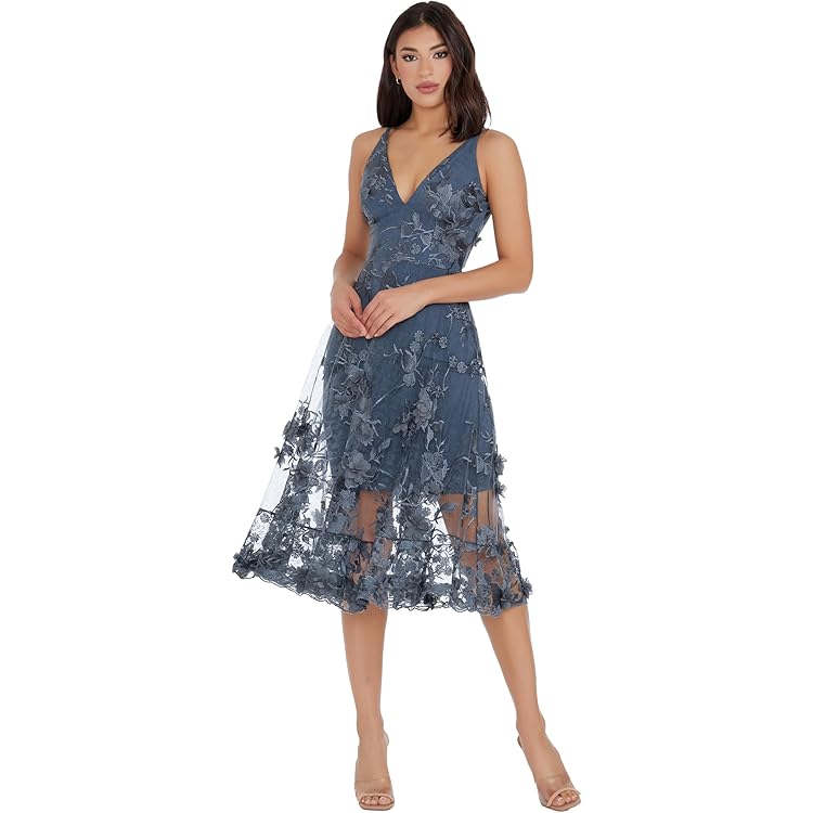 Women's Audrey Spaghetti Strap Midi A-line 3D Floral Dress